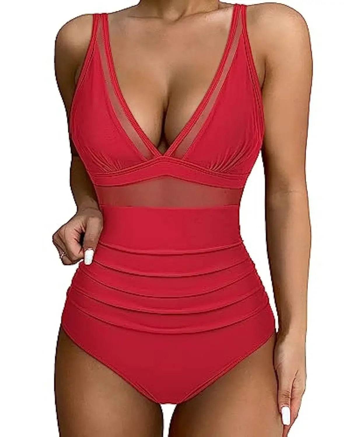 Buy Center Solid One-Piece Swimsuit - Deep V-Neck, Removable Bra - Buy Center UK
