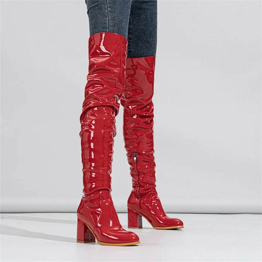 Buy Center Women's Over The Knee Boots - Patent Leather, Square Heel - Buy Center UK