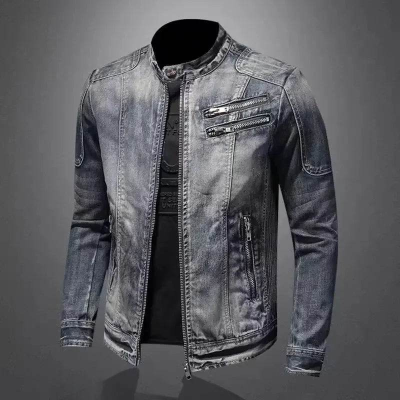 Trendy Stand Collar Zip-Up Denim Jacket for Men - Vintage Style - Buy Center UK