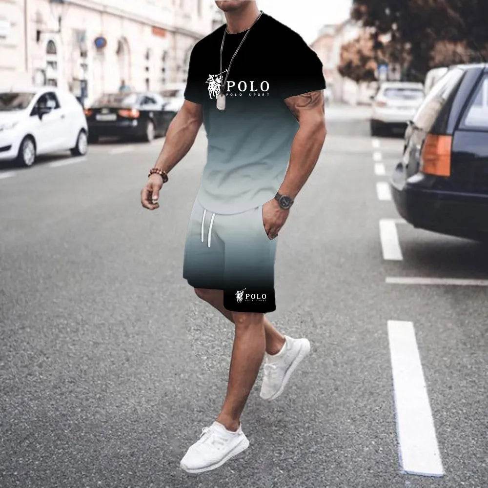 Trendy 3D Gradient Letter Print T-Shirt and Shorts Set for Men - Buy Center UK