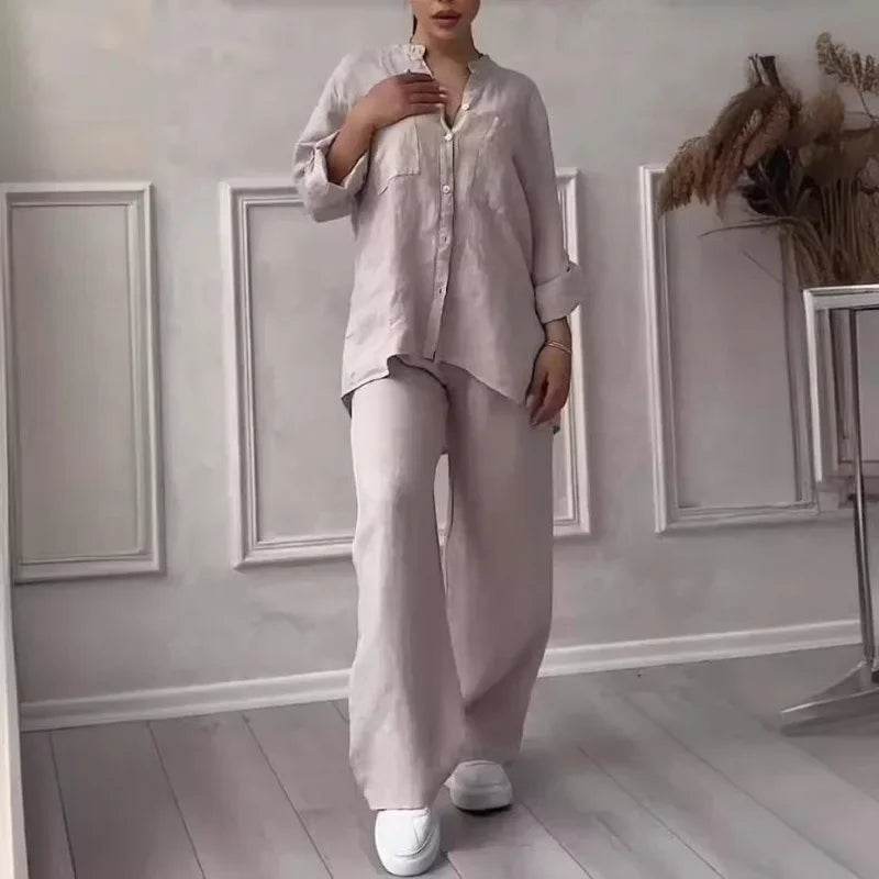 Buy Center Women's Linen Drawstring Shirt & Wide Leg Pants Set - Buy Center UK
