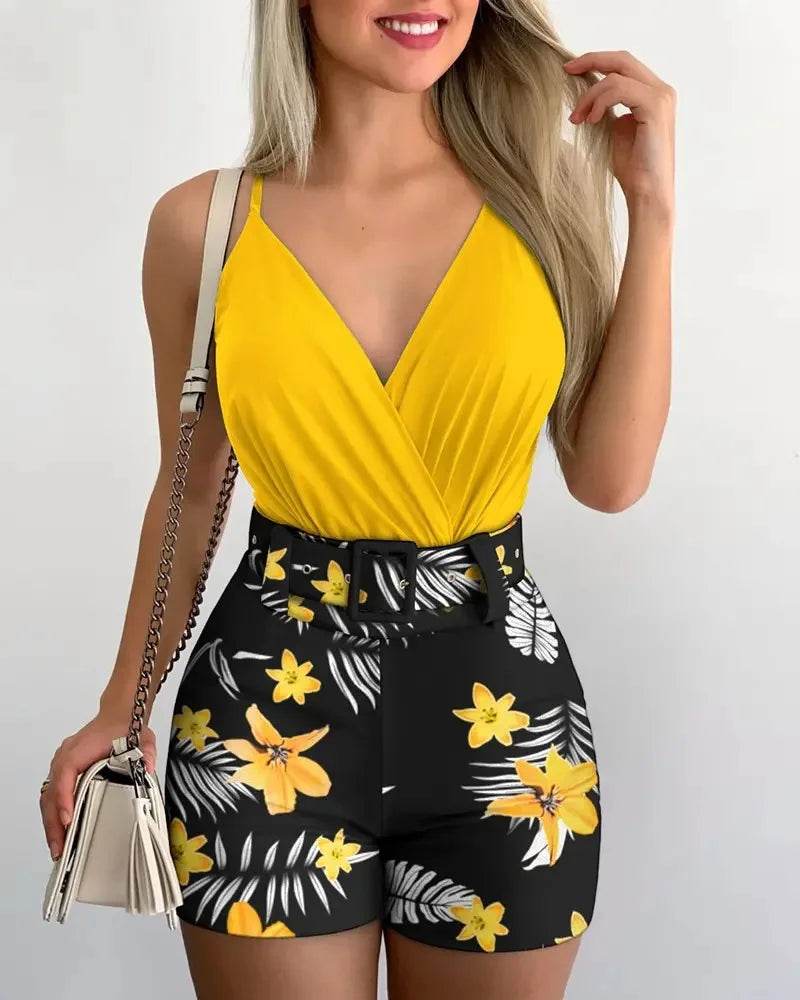 Buy Center Summer Fashion Set - V-neck Camisole & Floral Shorts - Buy Center UK