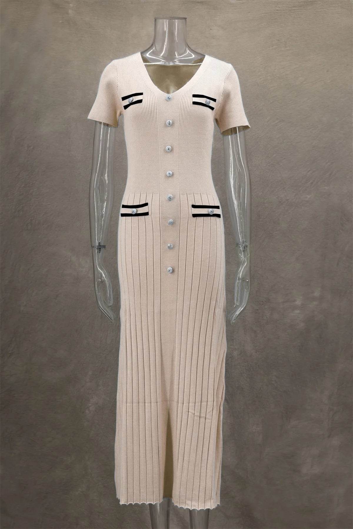 Elegant Knitted Maxi Dress - Bodycon Short Sleeve with Ruffles - Buy Center UK