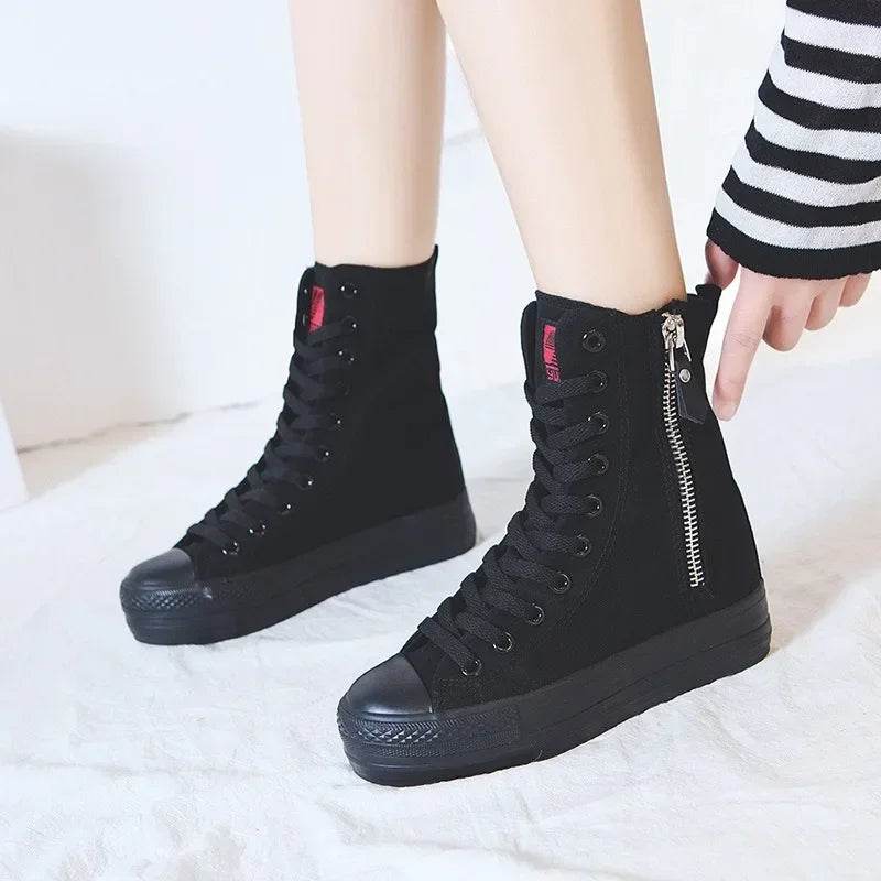 Women's High Top Canvas Sneakers - White Platform Lace Up Shoes - Buy Center UK
