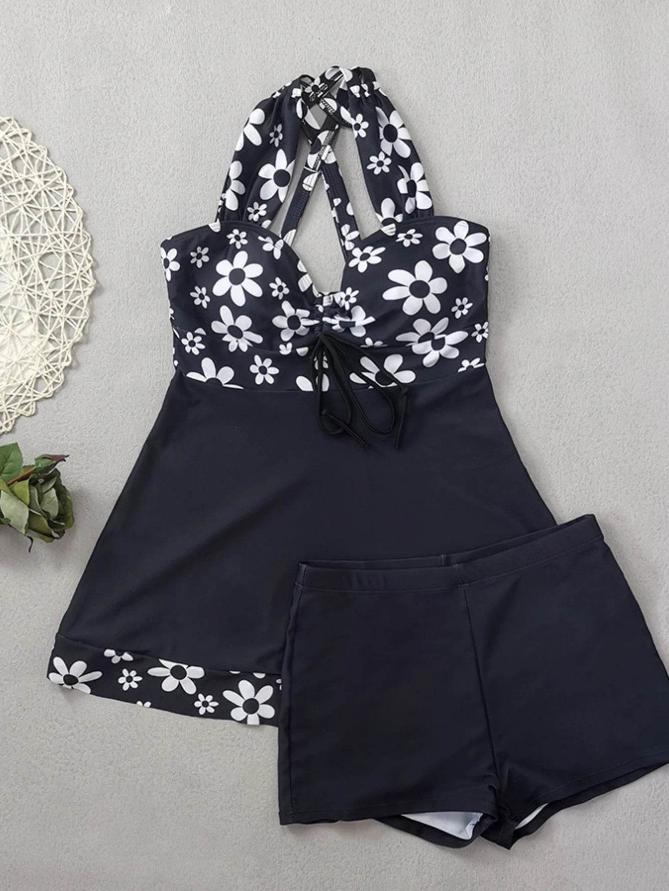 Vintage Black Flower Print Bikini Set - High Waist Crop Top Swimwear - Buy Center UK