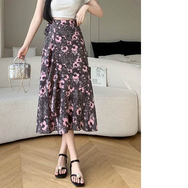 REALEFT Vintage Floral A-line Skirt - High Waist Midi Length - Buy Center UK