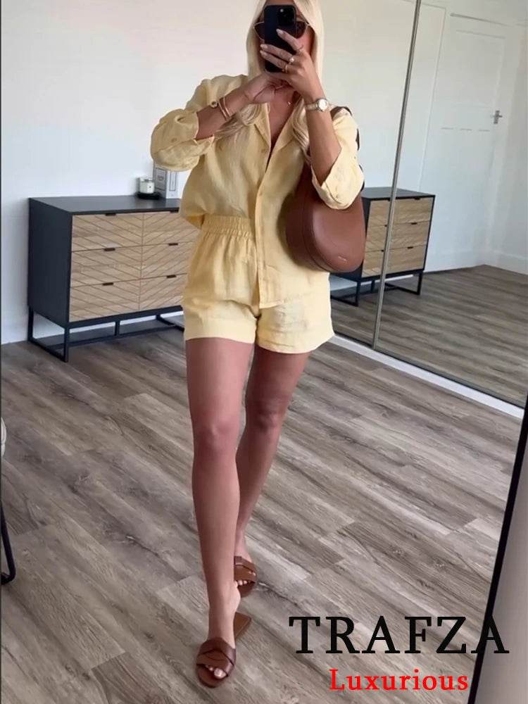 TRAFZA Casual Chic Women Yellow Suit - V-Neck Blouse & Shorts - Buy Center UK