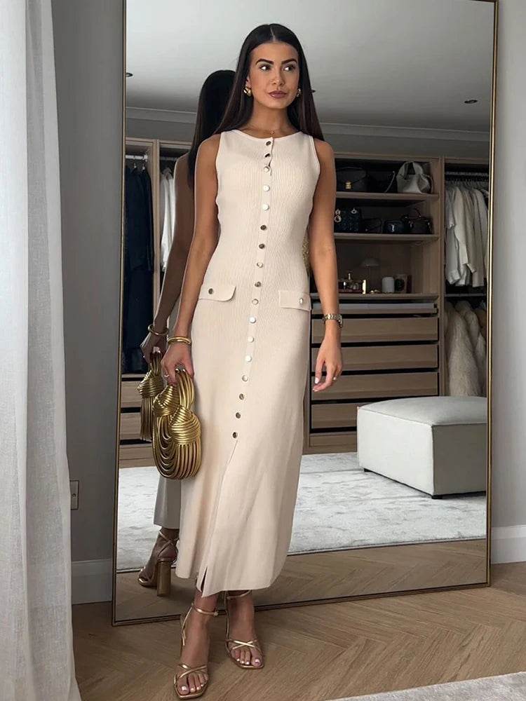 Buy Center Elegant Knitted Long Dress - Sleeveless Bodycon Style - Buy Center UK