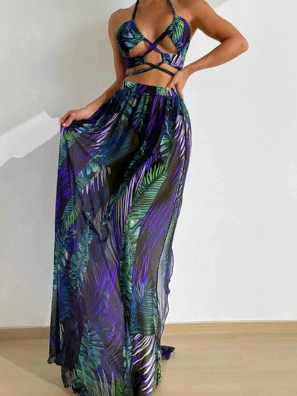 Buy Center 3 Pieces Tie Dye Bikini Set - Sexy Halter & Cover-Up Pants - Buy Center UK