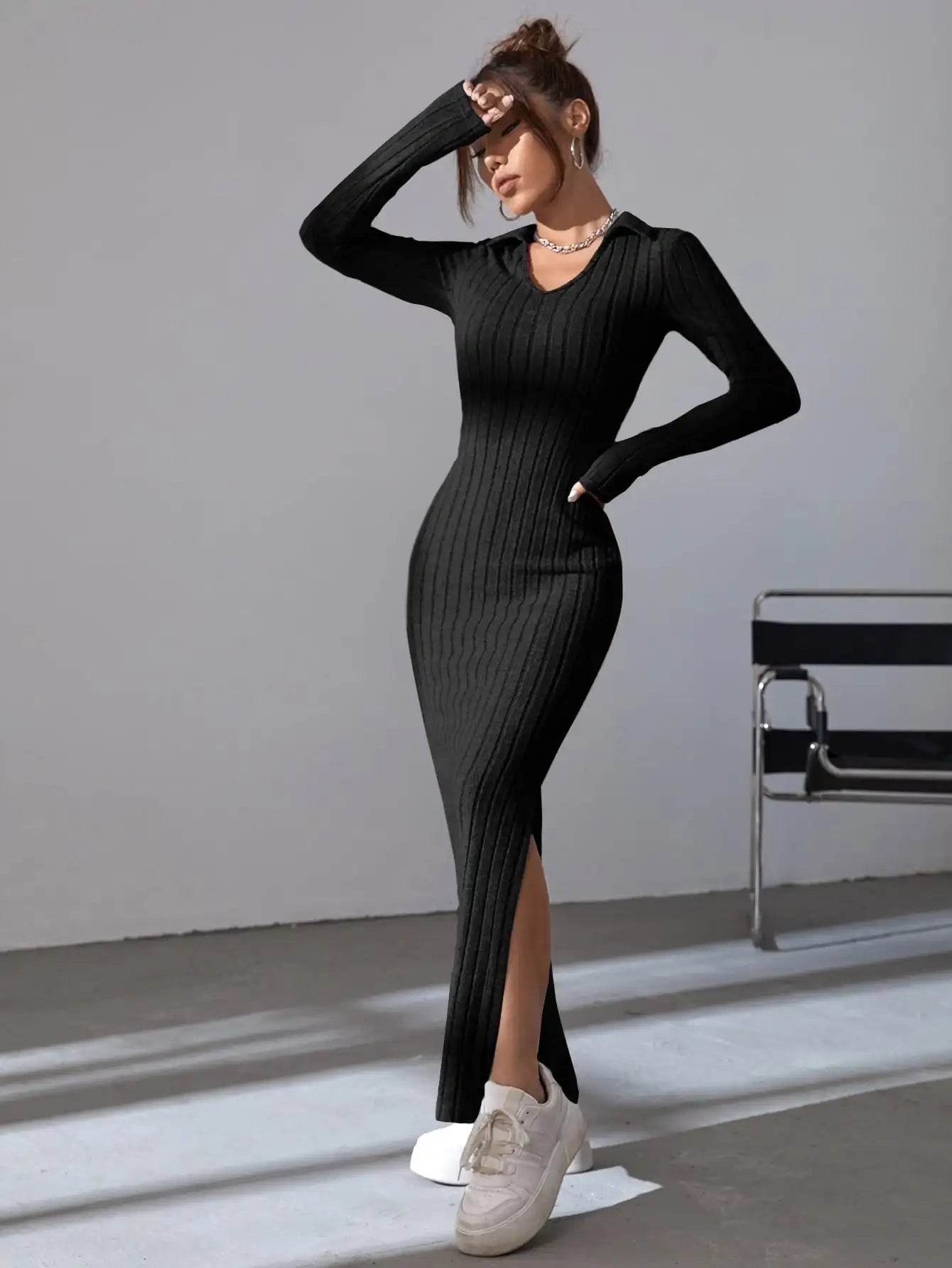 Buy Center Black Slimming Dress - V-Neck Knit Waist Wrap Design - Buy Center UK
