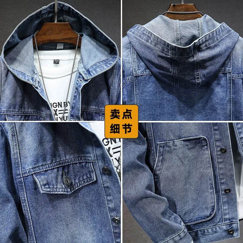 Buy Center Men’s Hooded Denim Jacket - Casual Spring Style, Pockets - Buy Center UK
