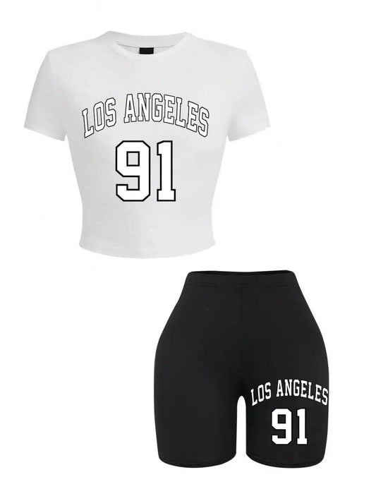 Buy Center Women’s Slim Crop T-Shirt & Shorts Set - Brooklyn Art Print - Buy Center UK