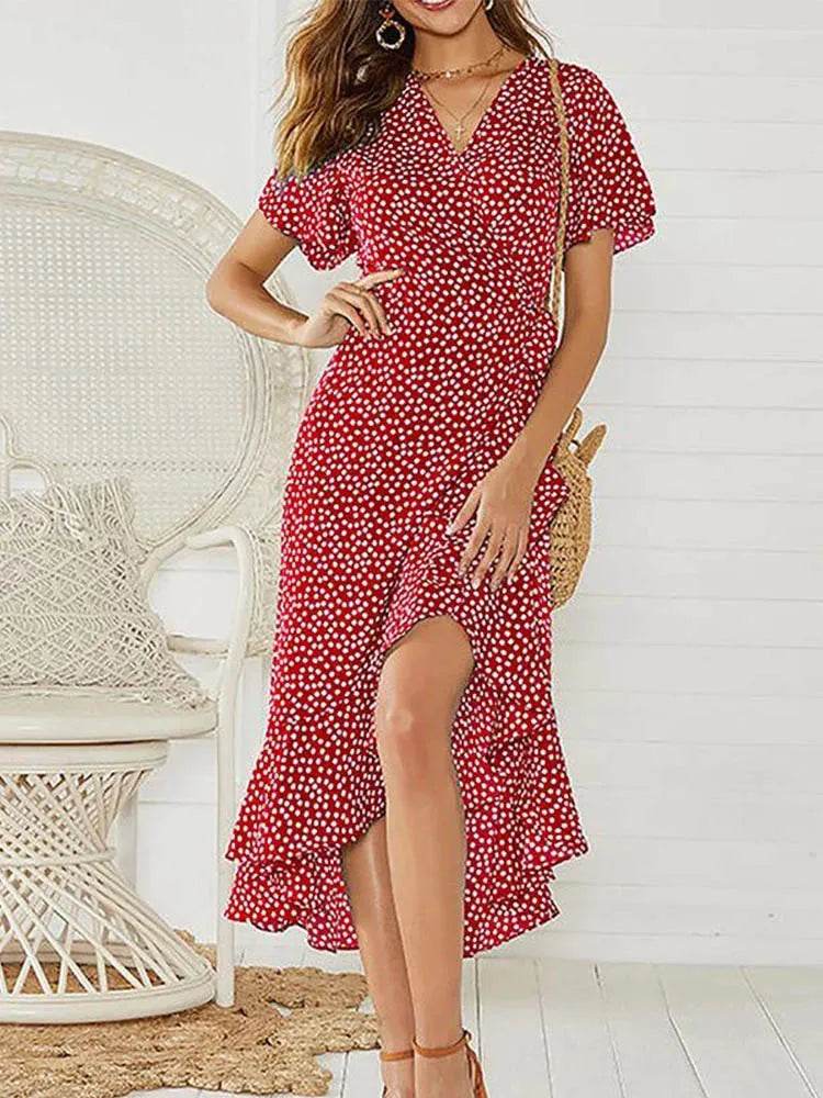 Buy Center Summer Beach Maxi Dress - Floral Print V-Neck Ruffles - Buy Center UK