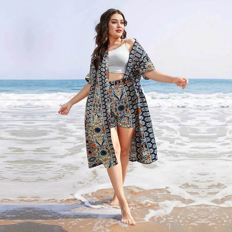 Plus Size Women's Bohemian Printed Two-piece Set - Kimono & Shorts - Buy Center UK