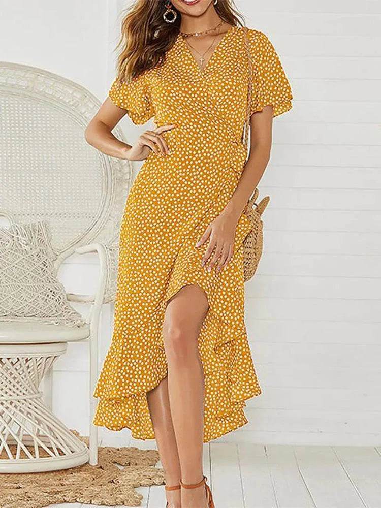 Buy Center Summer Beach Maxi Dress - Floral Print V-Neck Ruffles - Buy Center UK