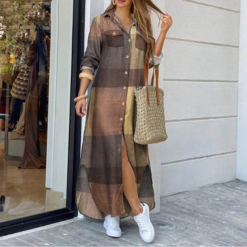 Buy Center Long Sleeve Plaid Maxi Dress - Elegant Beach & Party Wear - Buy Center UK