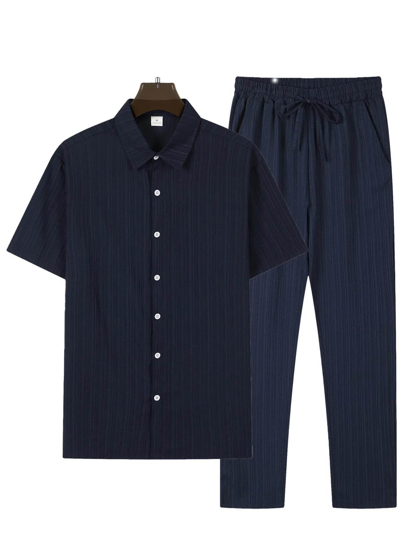 Buy Center Men's Casual Stripe Two Piece Set - Short Sleeve & Pants - Buy Center UK