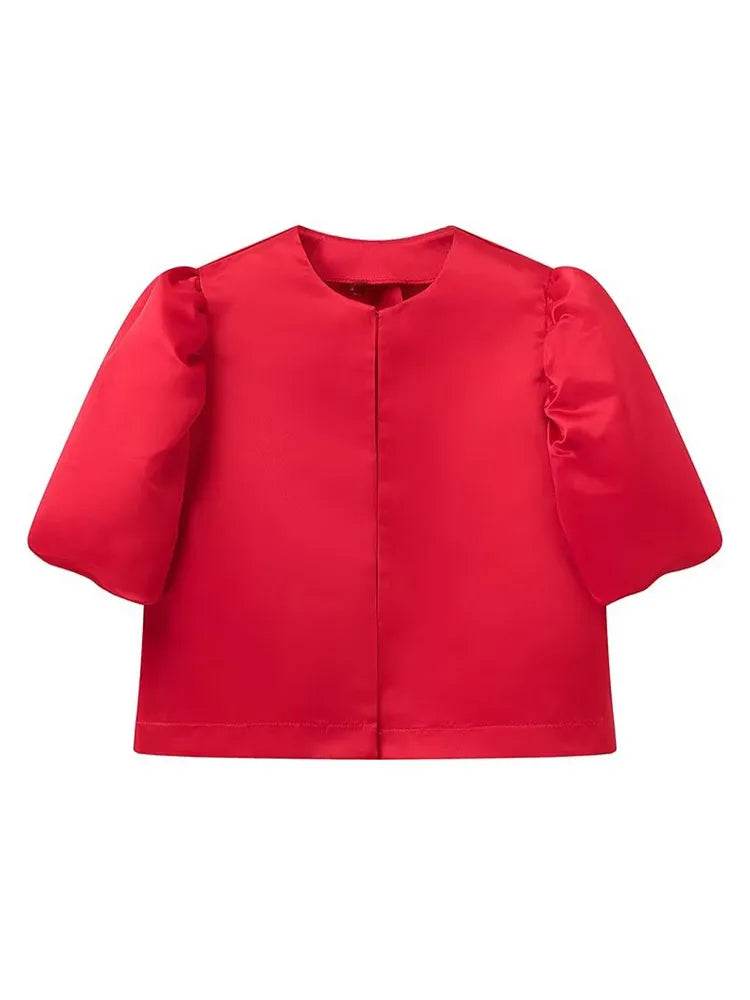 Buy Center Women's Solid Satin Blouse - Pouf Balloon Sleeves, Loose Fit - Buy Center UK