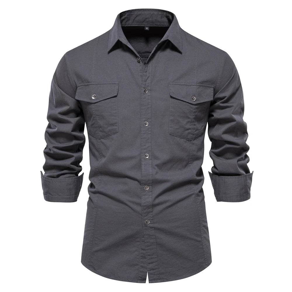 AIOPESON 2023 Men’s Military Style Pocket Shirt - 100% Cotton Slim Fit - Buy Center UK