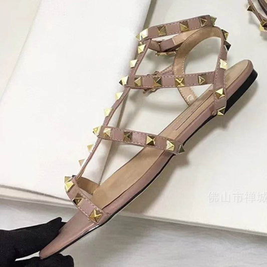 Women’s Gold Rivets Sandals - Soft Leather Flats in Purple Red - Buy Center UK