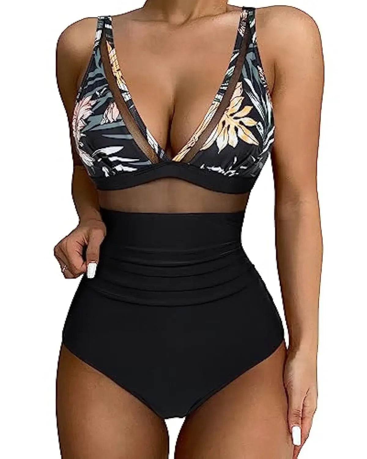 Buy Center Solid One-Piece Swimsuit - Deep V-Neck, Removable Bra - Buy Center UK
