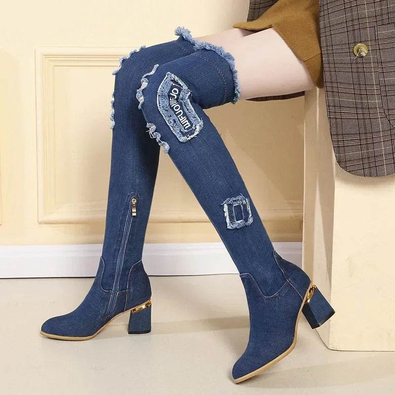Women's Over The Knee Denim Boots - Pointed Toe High Heels - Buy Center UK