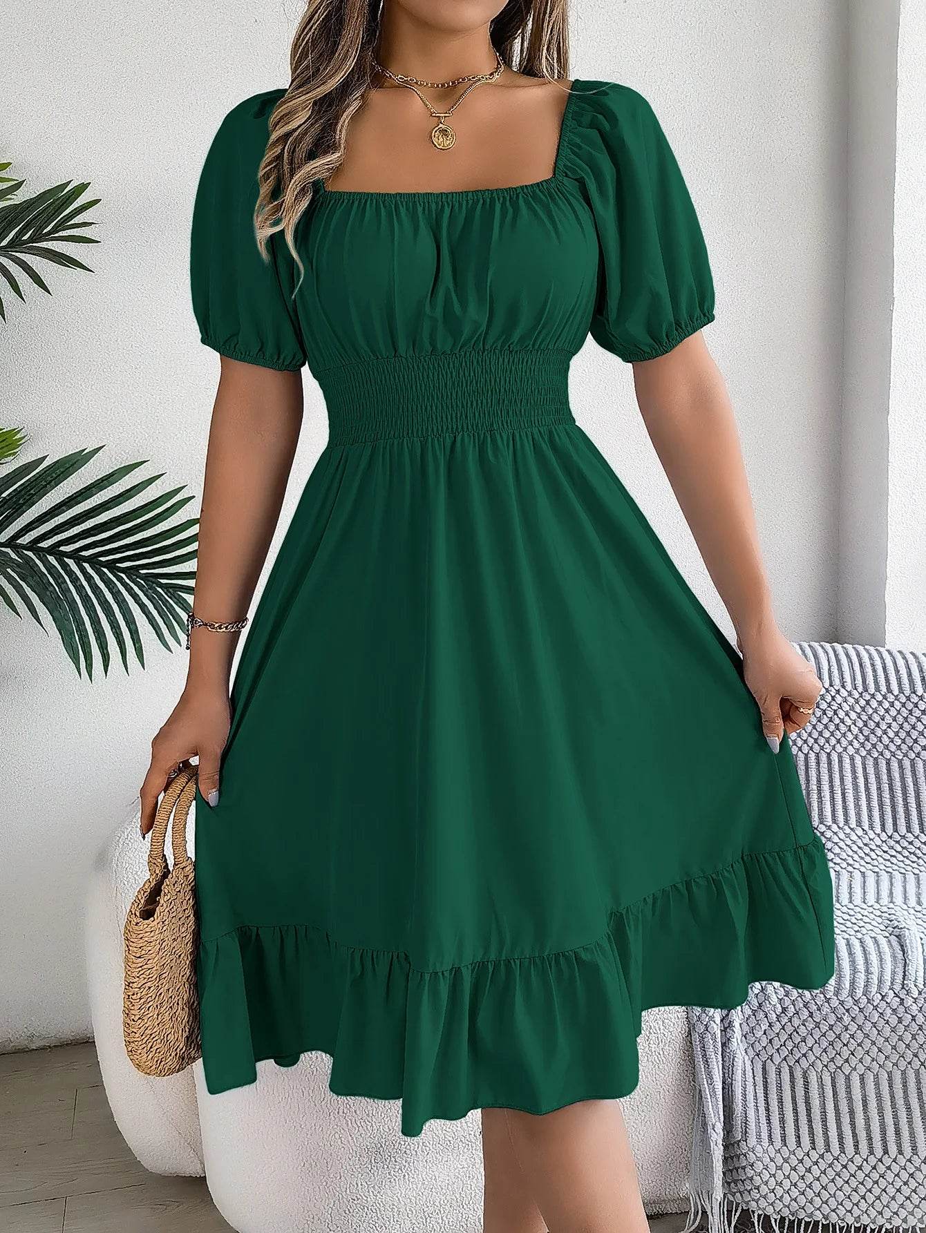 Women's Midi Dress 2024 - Elegant Square Neck and Ruffle Edge - Buy Center UK