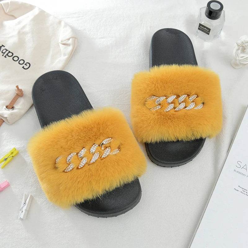 Buy Center Women's Furry Slippers - Plush Faux Rabbit Fur Slides - Buy Center UK