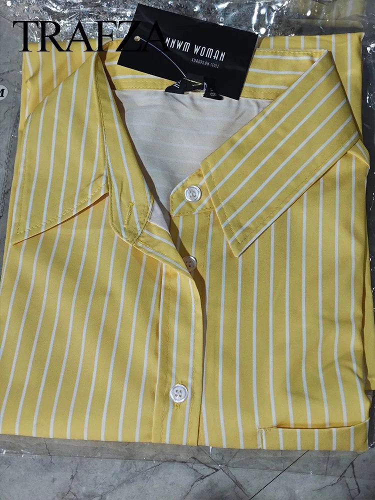 TRAFZA 2024 Women’s Yellow Striped Pants Set - High Waist Style - Buy Center UK