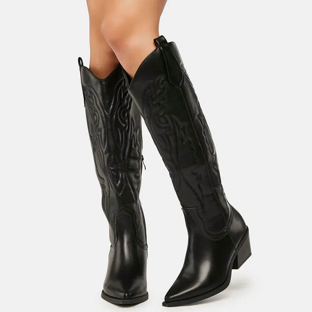 Winter Large Size 43 Black Knee High Cowgirl Boots for Women - Buy Center UK