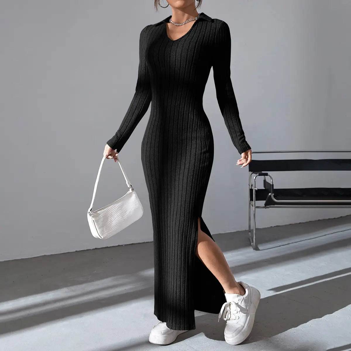 Buy Center Black Slimming Dress - V-Neck Knit Waist Wrap Design - Buy Center UK