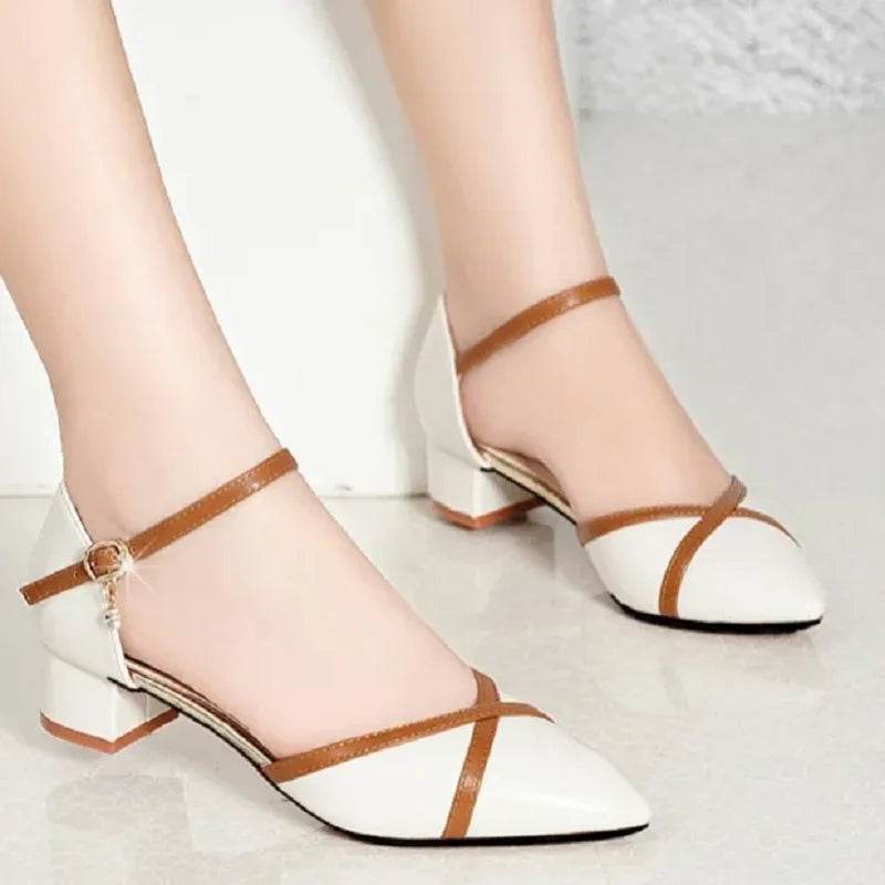 Elegant Women's White Buckle Strap Square Heel Pumps for Office - Buy Center UK
