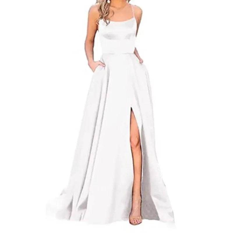 Buy Center Long Backless Satin Dress - Sexy Side Slit Evening Gown - Buy Center UK