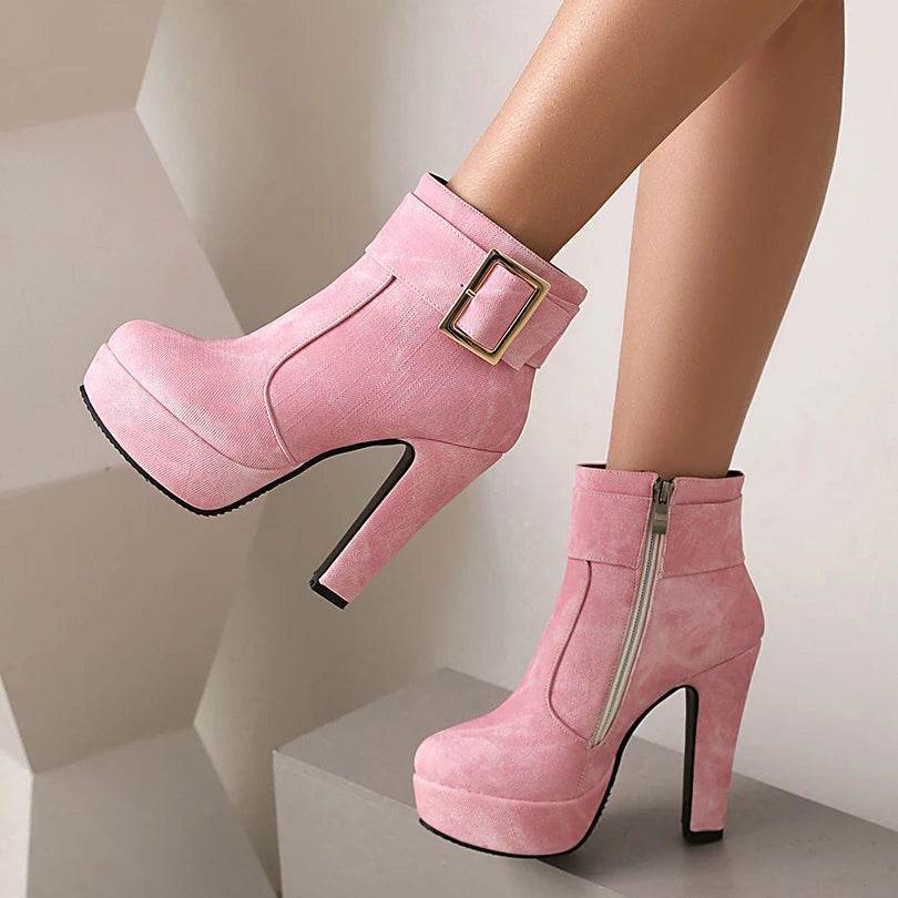 ENMAYER Women's Denim Platform Ankle Boots - Ultra-High Thick Heels - Buy Center UK