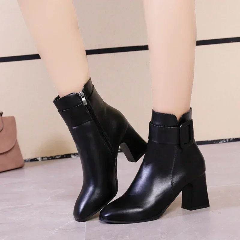 Elegant Women's High Heel Ankle Boots - Square Toe & Buckle Detail - Buy Center UK