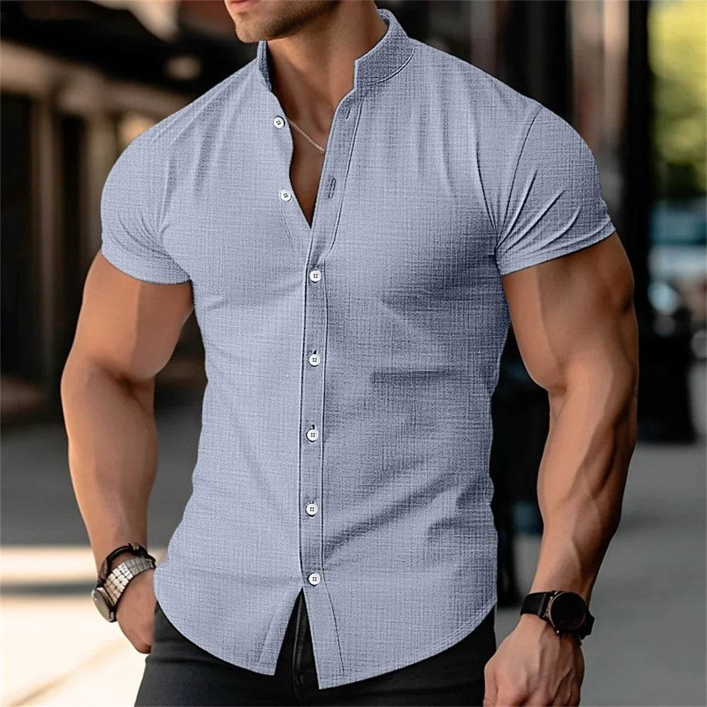 Buy Center Men's Linen Shirt - Stand Up Collar, Short Sleeves, Summer - Buy Center UK