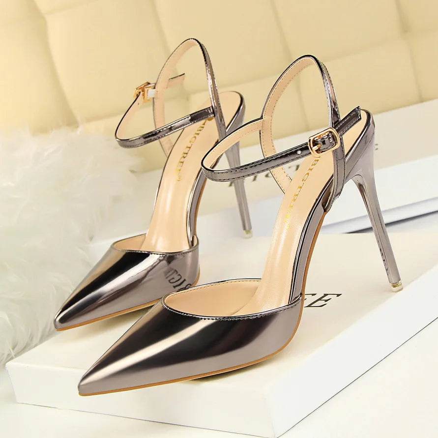MCD Women’s Metallic Gray High Heels Sandals - Pointed Toe Ankle Strap - Buy Center UK