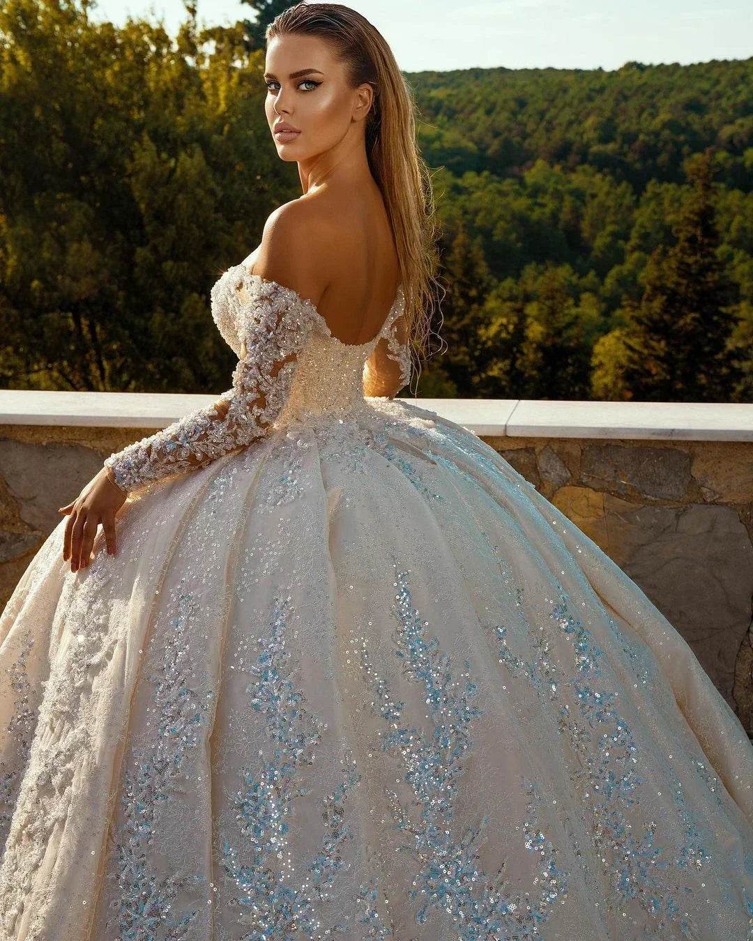 Customized V-Neck Lace Wedding Dress - Off-Shoulder Ball Gown - Buy Center UK