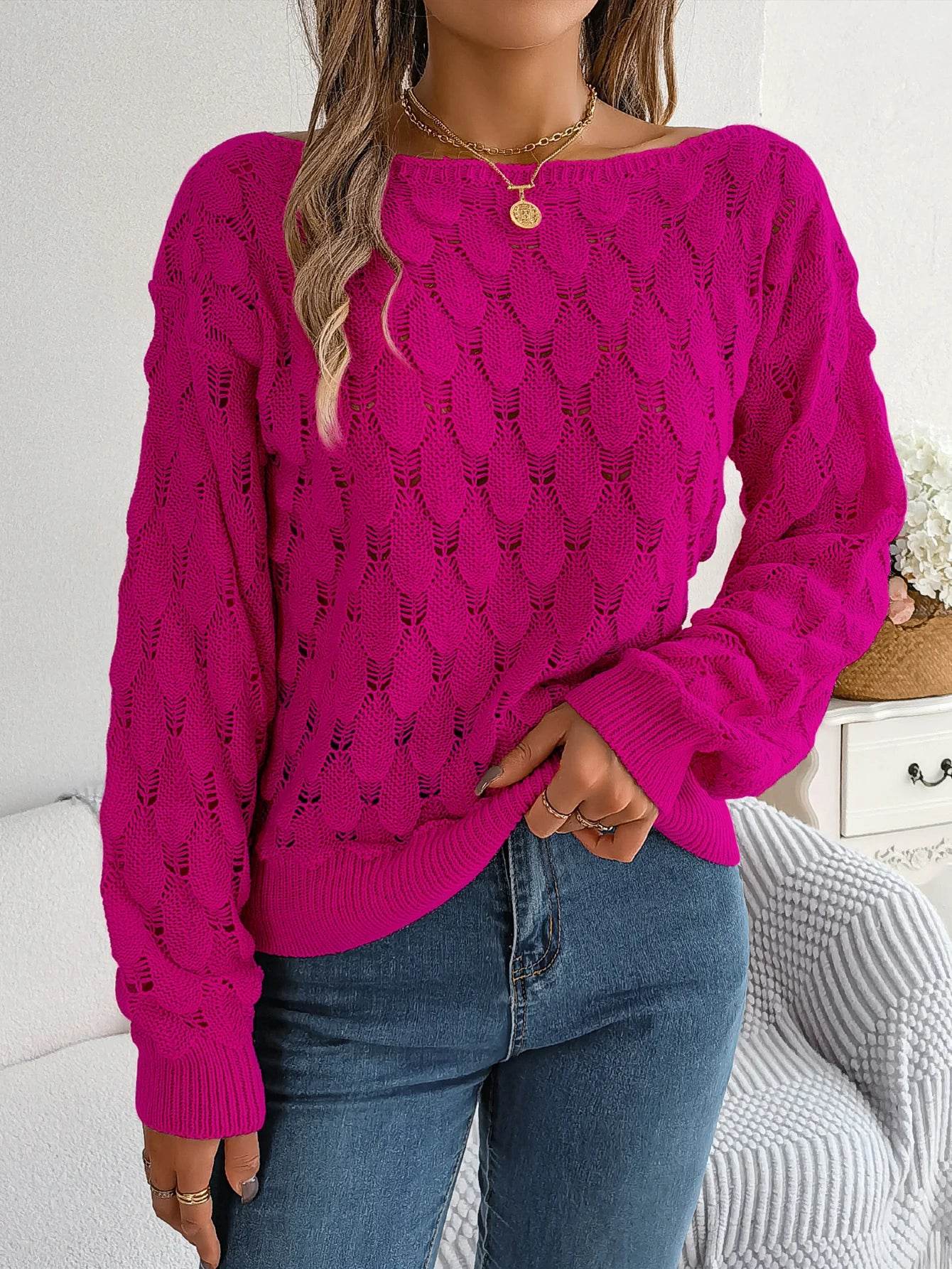 Buy Center Off Shoulder Hollow Out Sweater - Trendy Autumn Pink Top - Buy Center UK