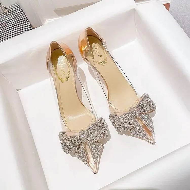 Women's Bow-Knot Rhinestone High Heels - Fashionable Silver Pumps - Buy Center UK