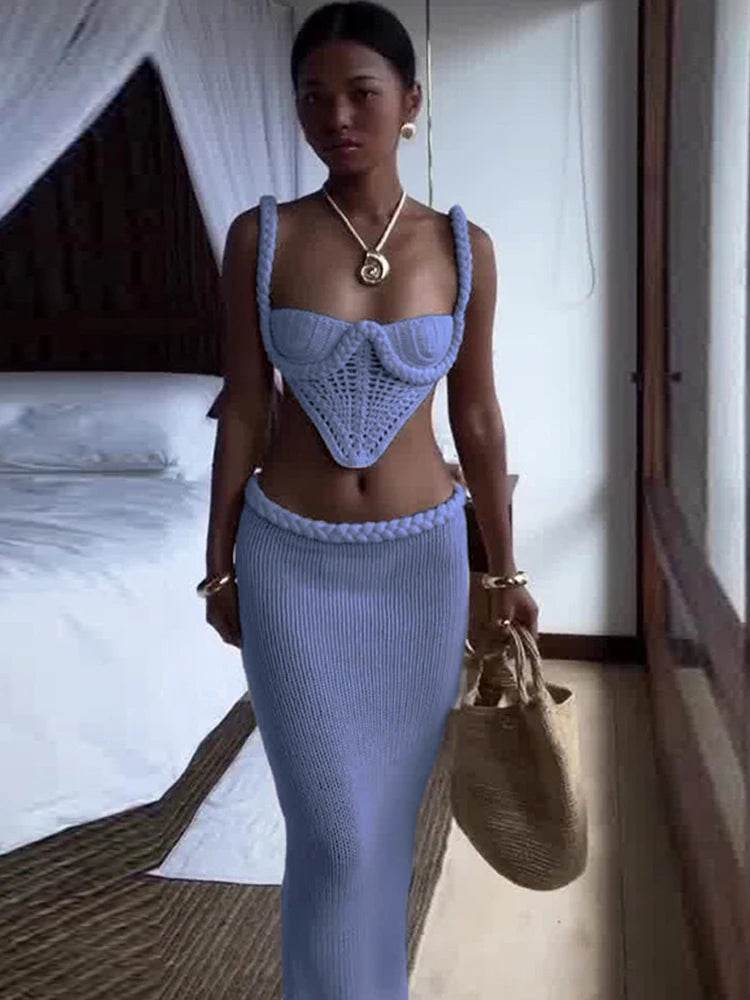 Weird Puss Crochet Shirring 2 Piece Set - Backless Top & Long Skirt - Buy Center UK