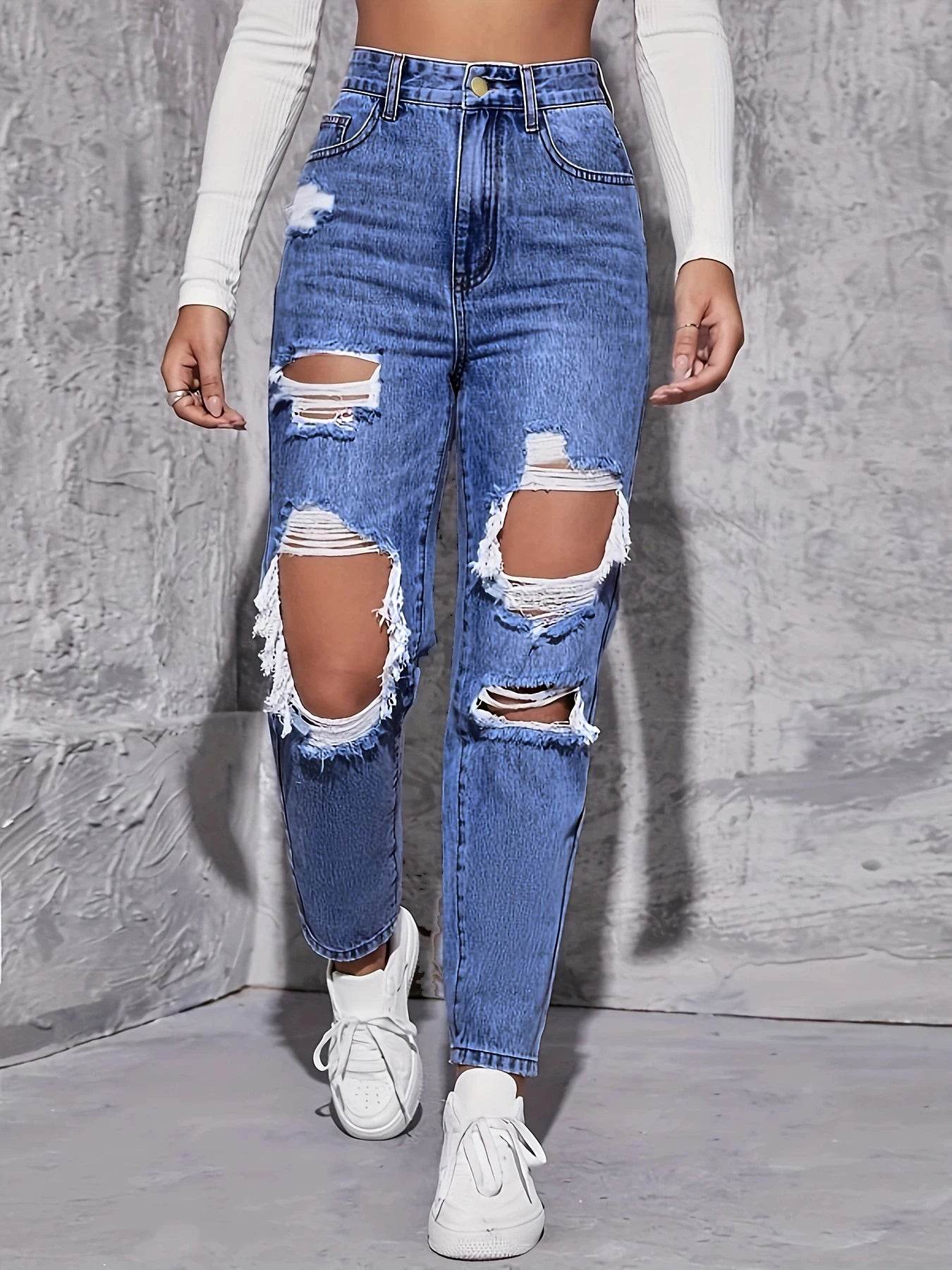Buy Center High Waist Hole-Punched Jeans - Women’s Wide-Legged Style - Buy Center UK