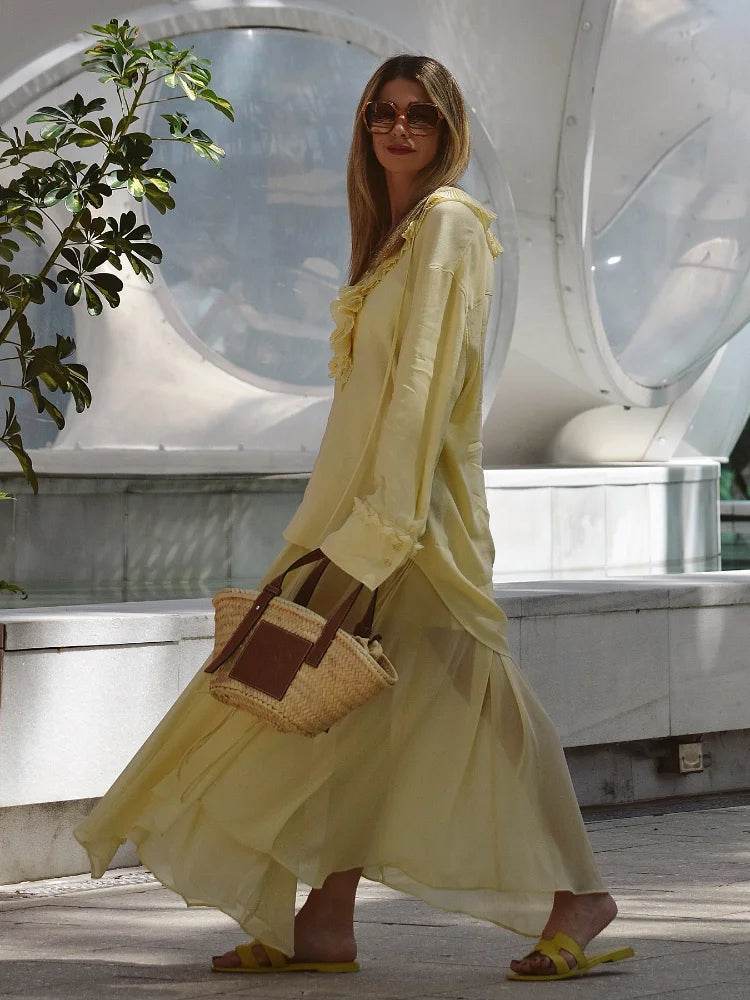 Buy Center Yellow Ruffled Lace-Up Shirt - Lightweight V Neck Blouse - Buy Center UK