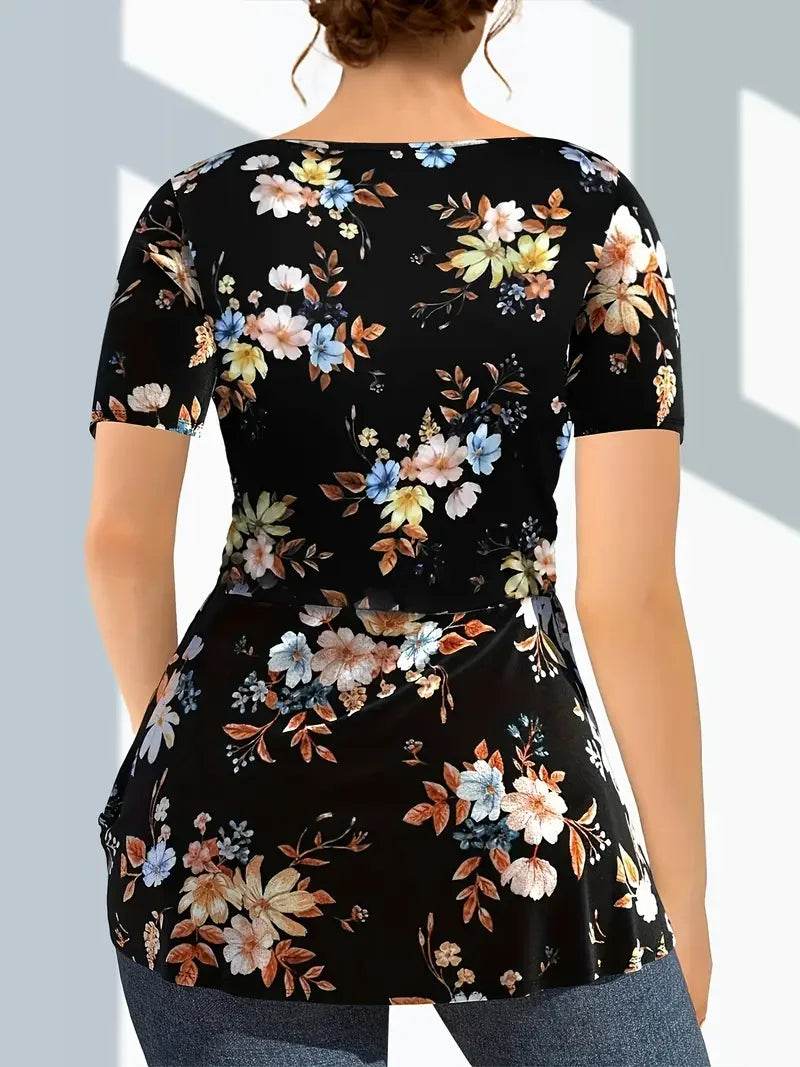 Buy Center Plus Size Floral Print Twist Front T-shirt - Elegant V Neck - Buy Center UK