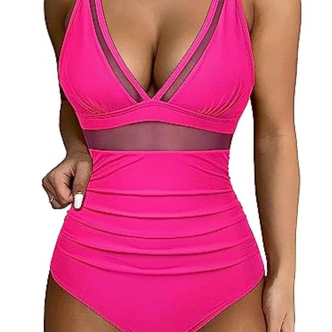 Buy Center Solid One-Piece Swimsuit - Deep V-Neck, Removable Bra - Buy Center UK