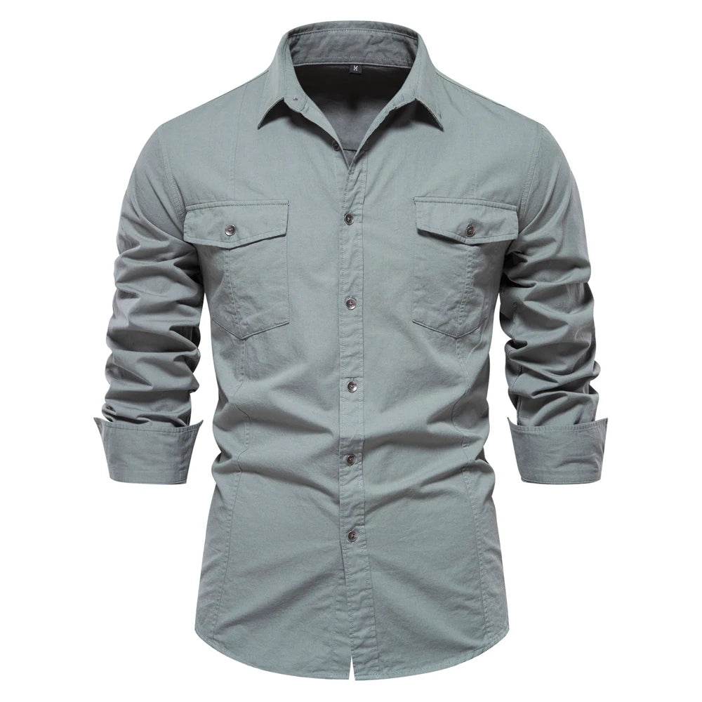 AIOPESON 2023 Men’s Military Style Pocket Shirt - 100% Cotton Slim Fit - Buy Center UK