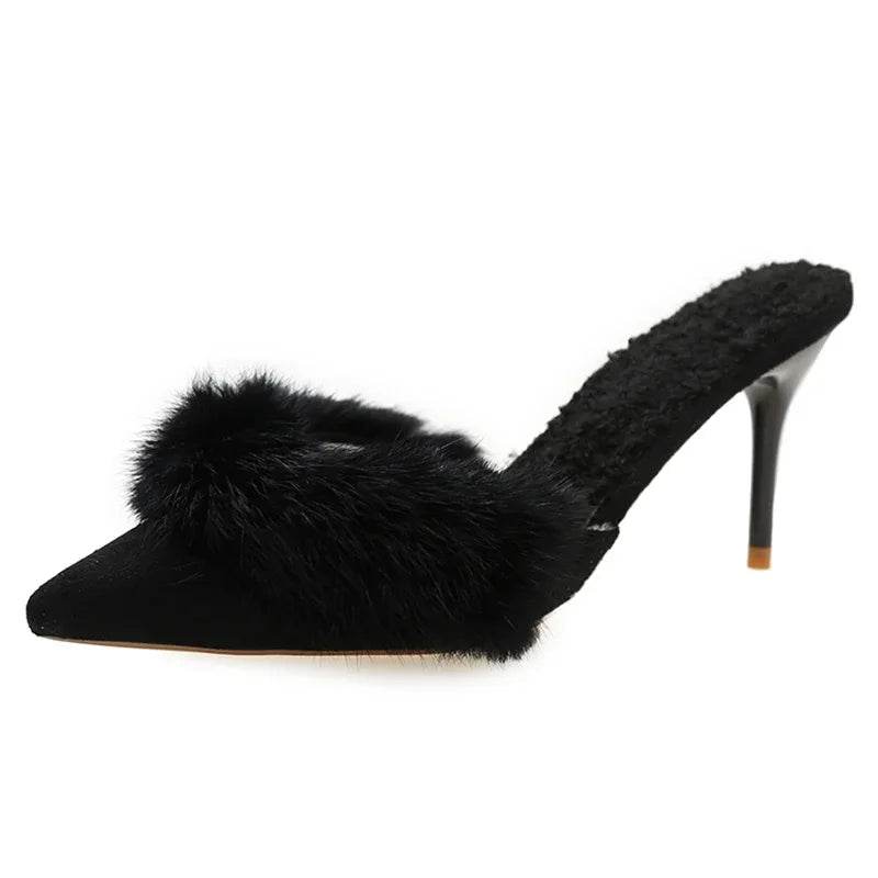 Buy Center Faux Fur Mules Slippers - Pointed Toe, Thin Heels - Buy Center UK