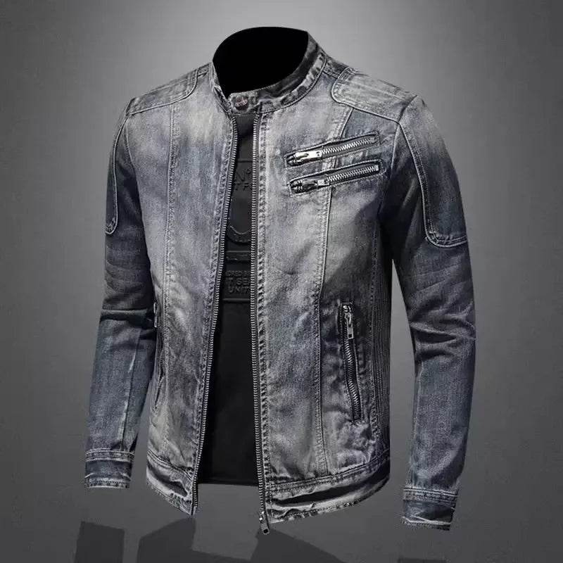 Trendy Stand Collar Zip-Up Denim Jacket for Men - Vintage Style - Buy Center UK