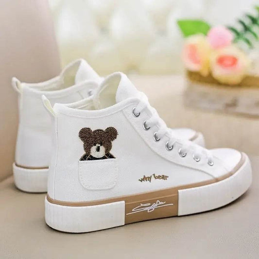 Canvas Women's Cute Bear Shoes - High Top, Pocket Design, Stylish - Buy Center UK