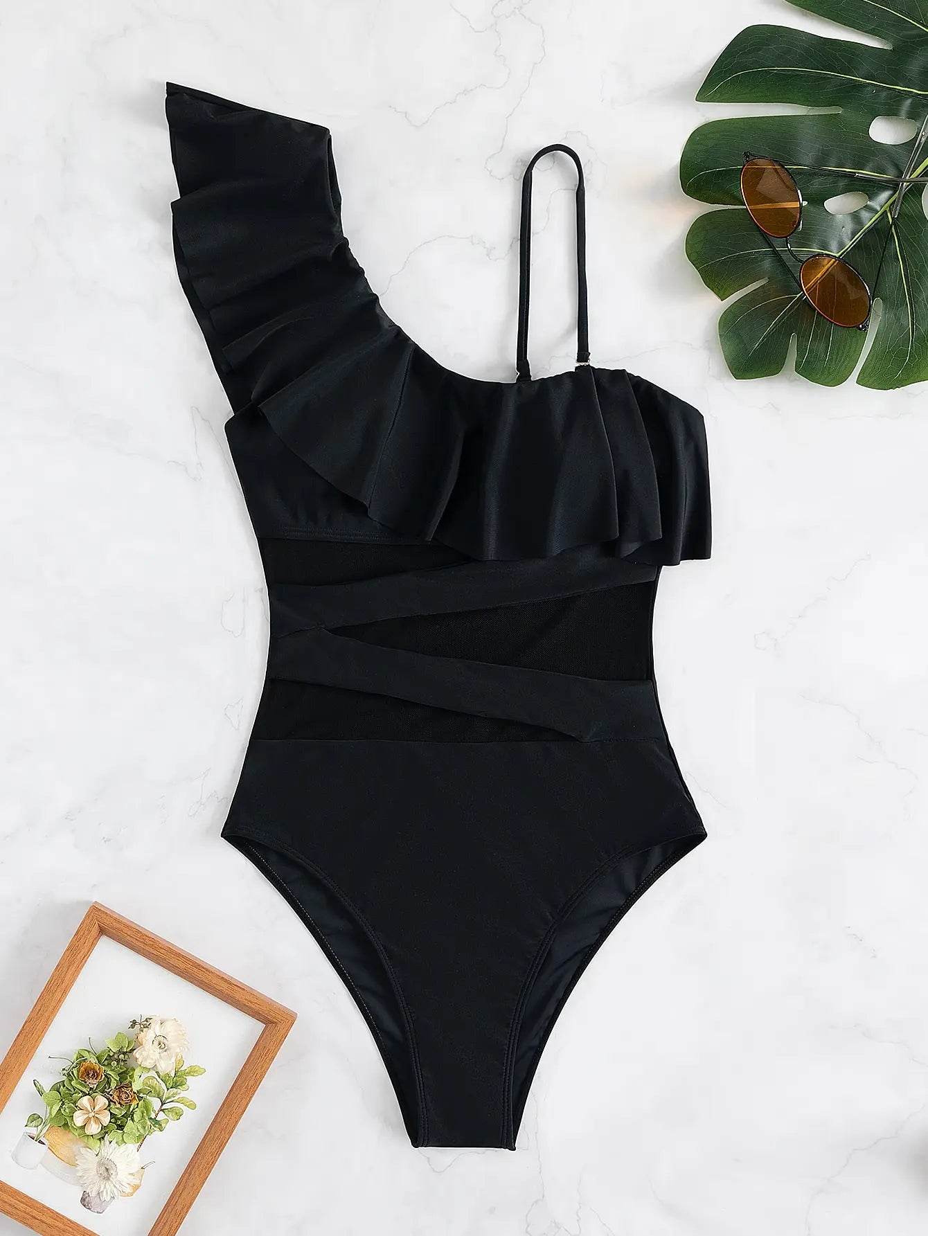 Ruffle Contrast Mesh One-Piece Swimsuit - Trendy Women’s Swimwear - Buy Center UK